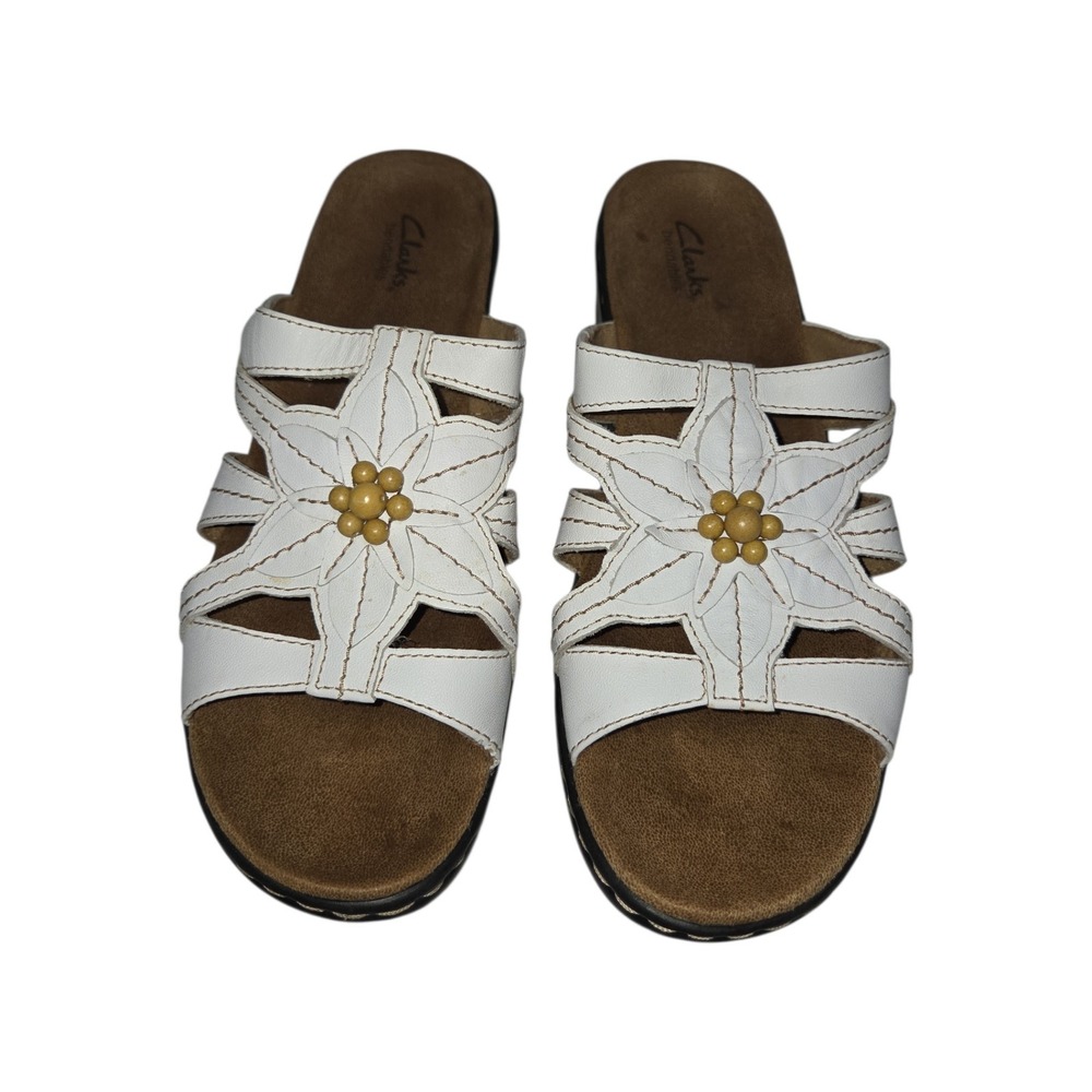 Clarks Lexi Myrtle White Leather Floral Slide Wedge Sandals 65117 Womens 10M